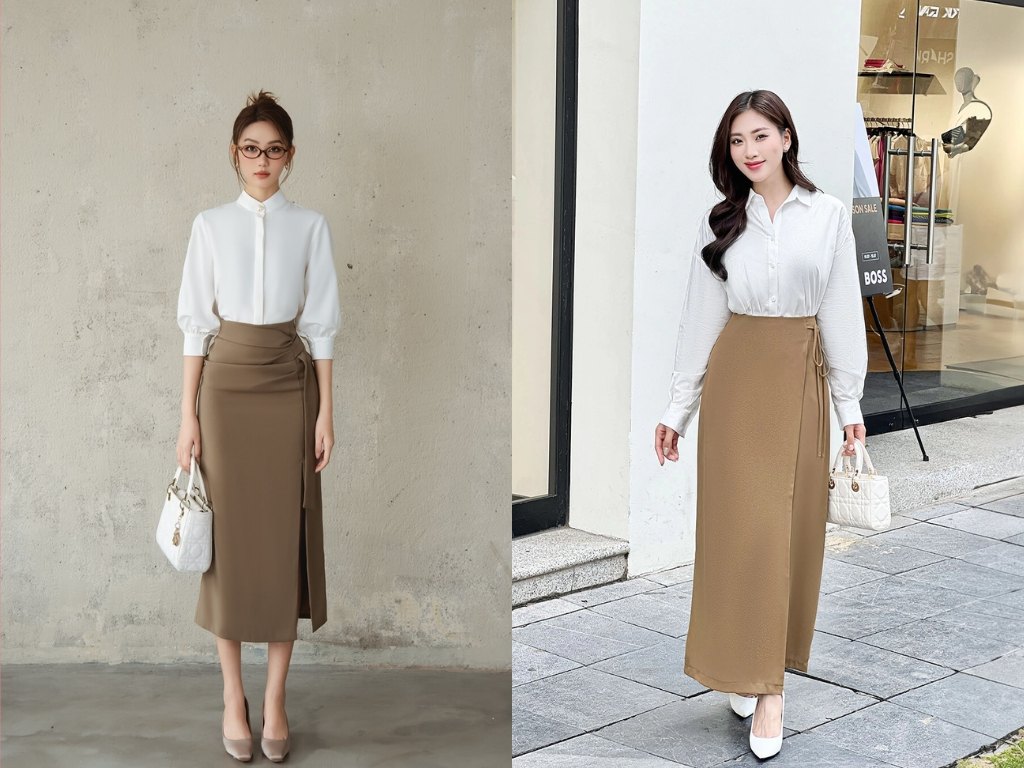 Chân váy công sở dài qua gối mang lại vẻ ngoài thanh lịch, chuyên nghiệp
