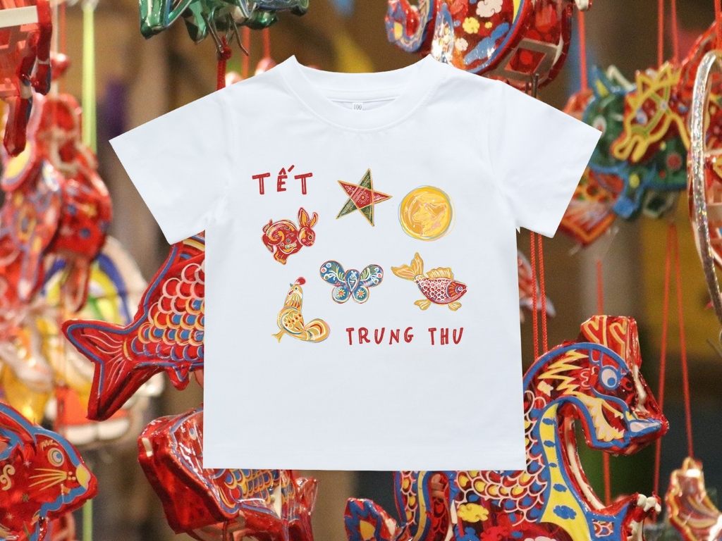 Mẫu áo Trung thu cho bé in hình những chiếc lồng đèn giấy kiếng truyền thống