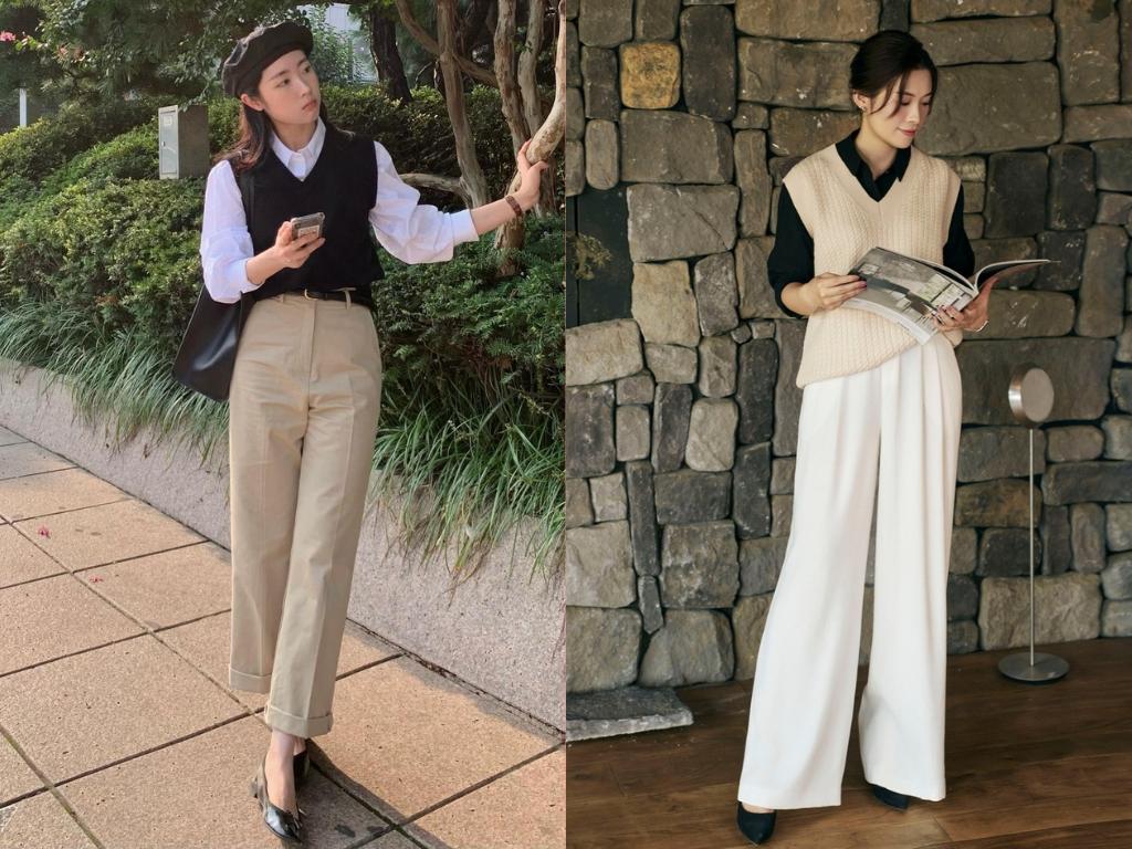 Áo gile len phối với áo sơ mi là item đặc trưng của phong cách thời trang công sở Hàn Quốc