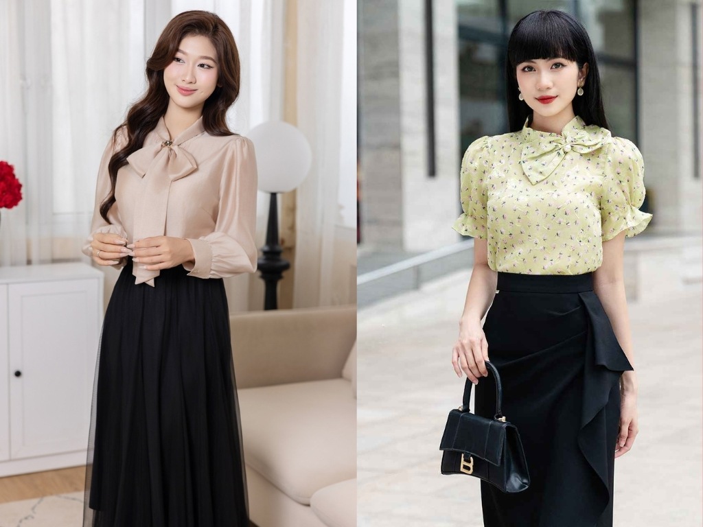 Chân váy công sở màu đen phối với áo tay bồng mang đến vẻ ngoài nữ tính và ngọt ngào