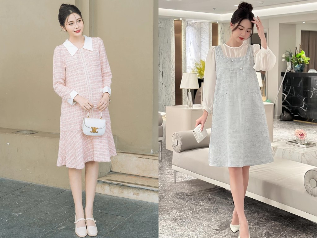 Mẫu đầm bầu công sở mùa đông chất liệu dạ