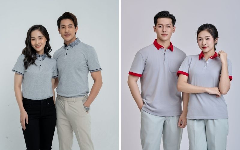 Nền xám trung tính của chiếc áo polo xám là một tấm phông hoàn hảo