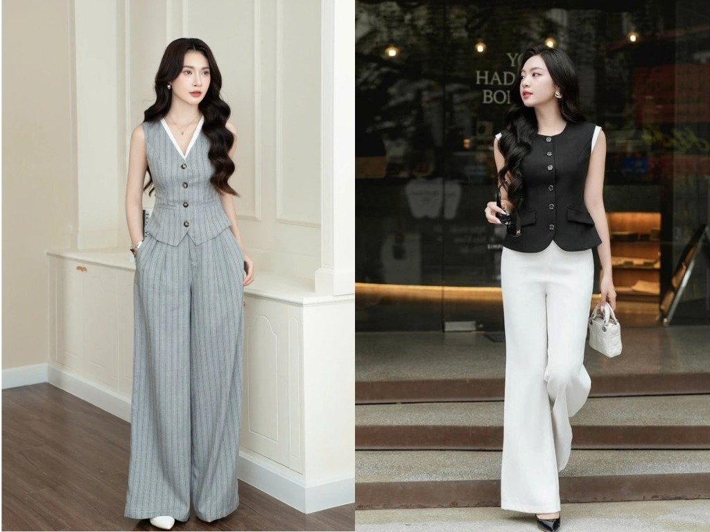 Áo gile phối với quần ống rộng là một trong những set đồ công sở đẹp, sành điệu