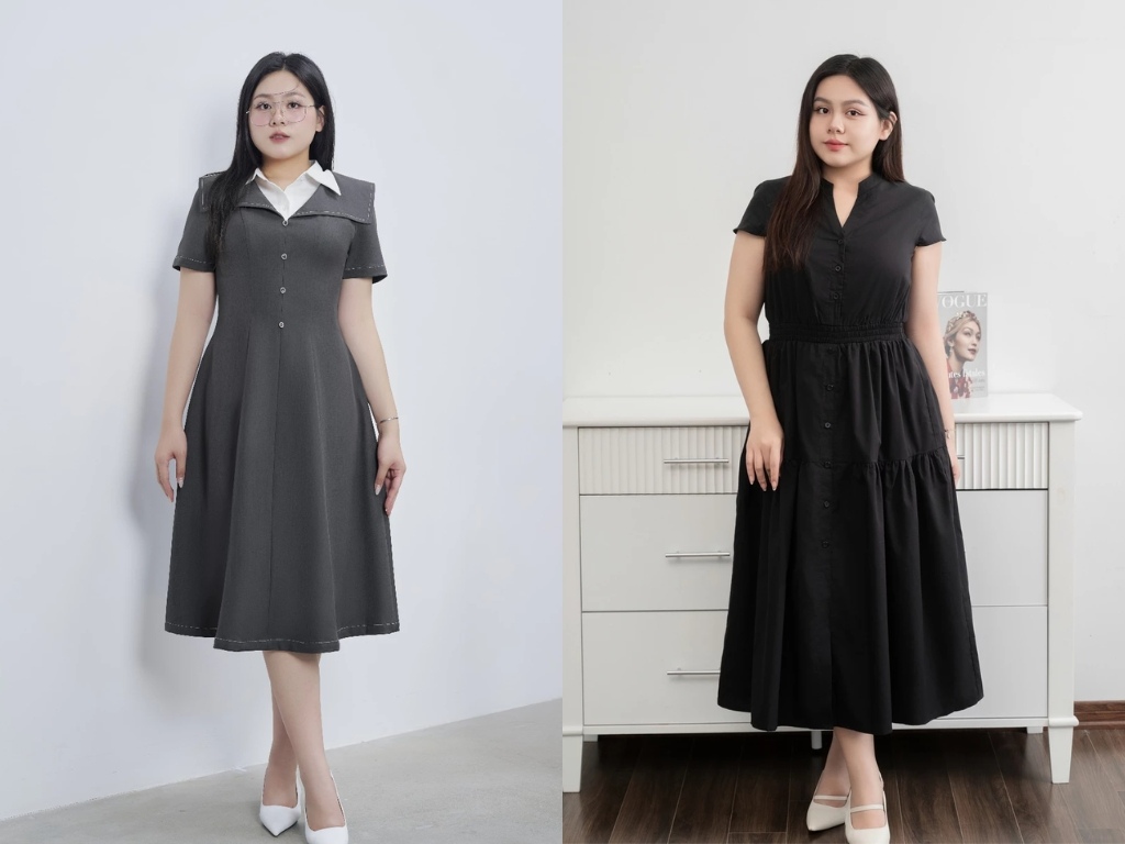 Đầm chữ A có phần dưới xòe rộng giúp giúp che đi phần hông và đùi cho người béo