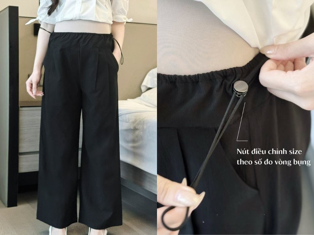 Quần bầu công sở có dây rút ở lưng quần giúp linh hoạt điều chỉnh size theo số đo vòng bụng
