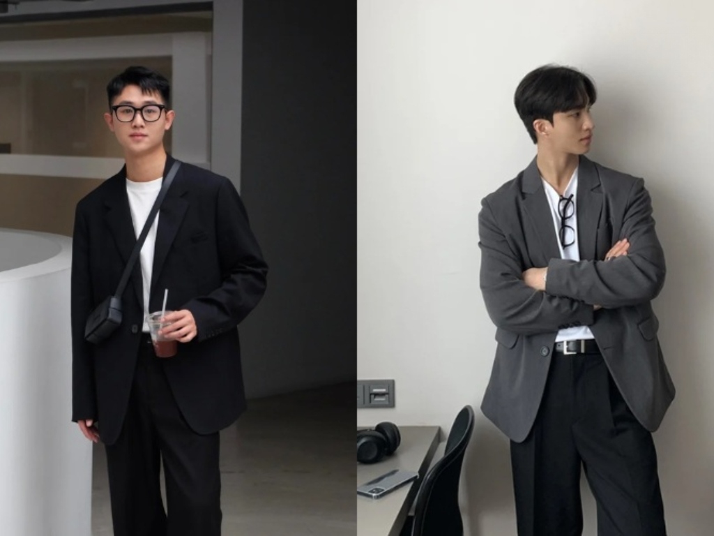 Áo blazer kết hợp với áo thun trơn là công thức phối đồ công sở nam trẻ trung, hiện đại