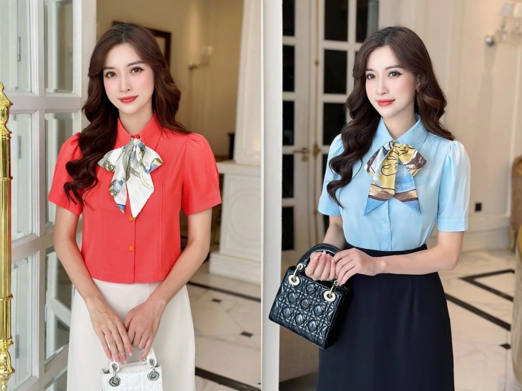 Việc sử dụng khăn thắt nơ công sở giúp tạo thêm điểm nhấn cho trang phục