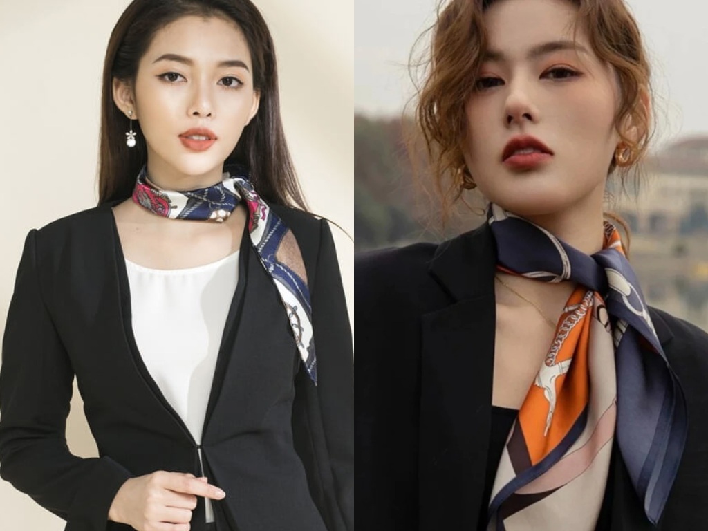 Kiểu thắt khăn nơ lệch sang một bên mang lại vẻ ngoài duyên dáng và thời thượng