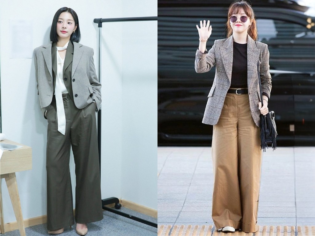 Blazer kết hợp với quần ống suông là công thức phối đồ công sở nữ Hàn Quốc kinh điển