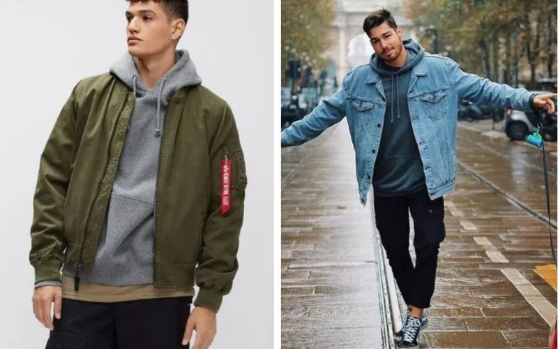 Phần mũ xám lộ ra từ cổ áo khoác denim xanh giúp bạn tự tin hơn