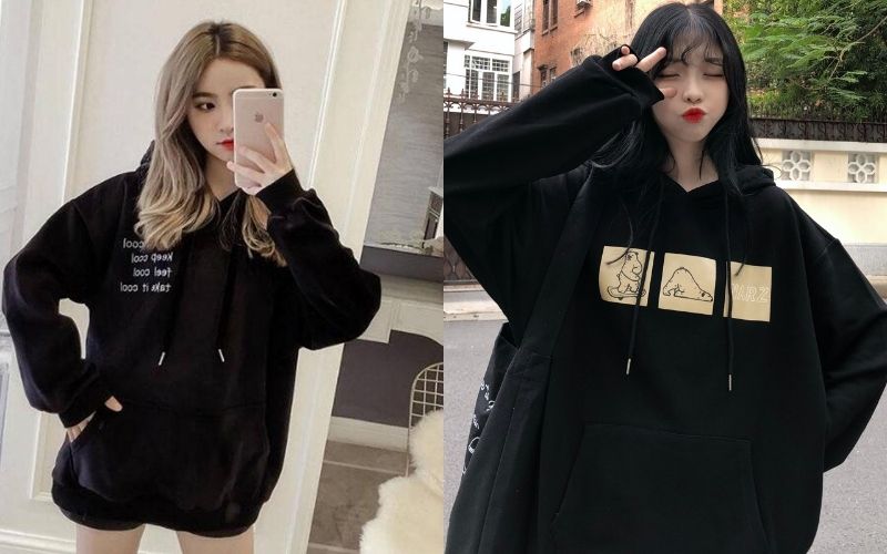 Chiếc áo hoodie nữ màu đen lúc này đóng vai trò cân bằng cho set đồ
