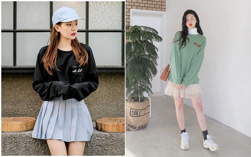 Bạn có thể thử nghiệm phong cách áo hoodie kết hợp chân váy