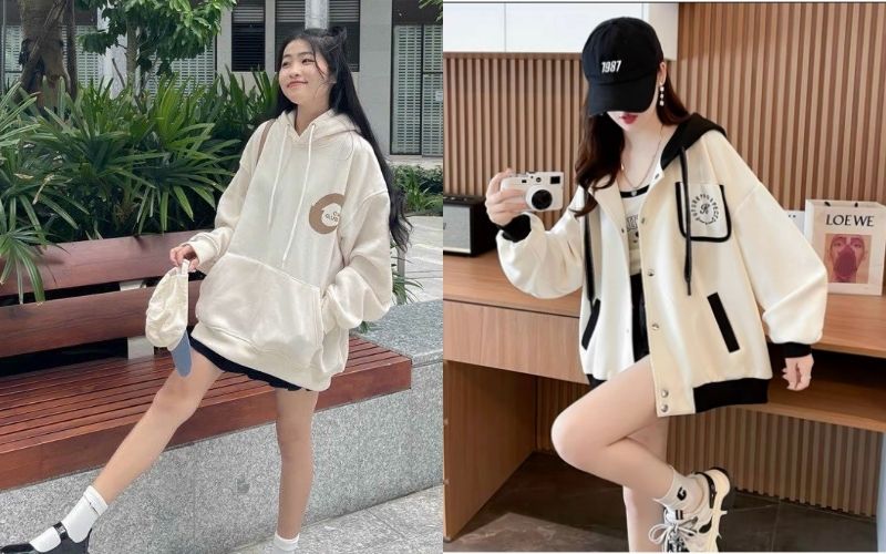 Áo hoodie nữ mùa hè kết hợp áo với quần short jeans