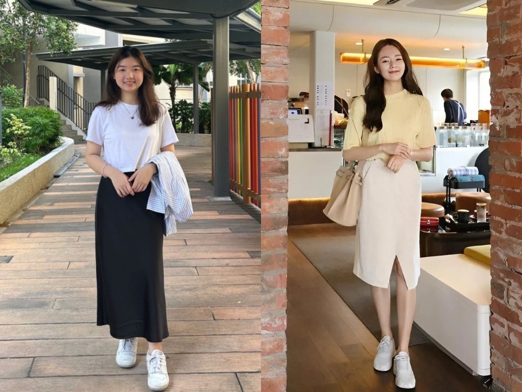 Chân váy kết hợp với sneaker trắng là công thức phối đồ công sở trẻ trung, năng động