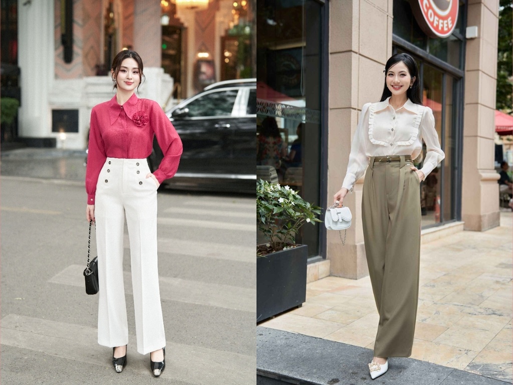 Kiểu quần tây công sở nữ cạp cao giúp tạo cảm giác đôi chân dài thơn