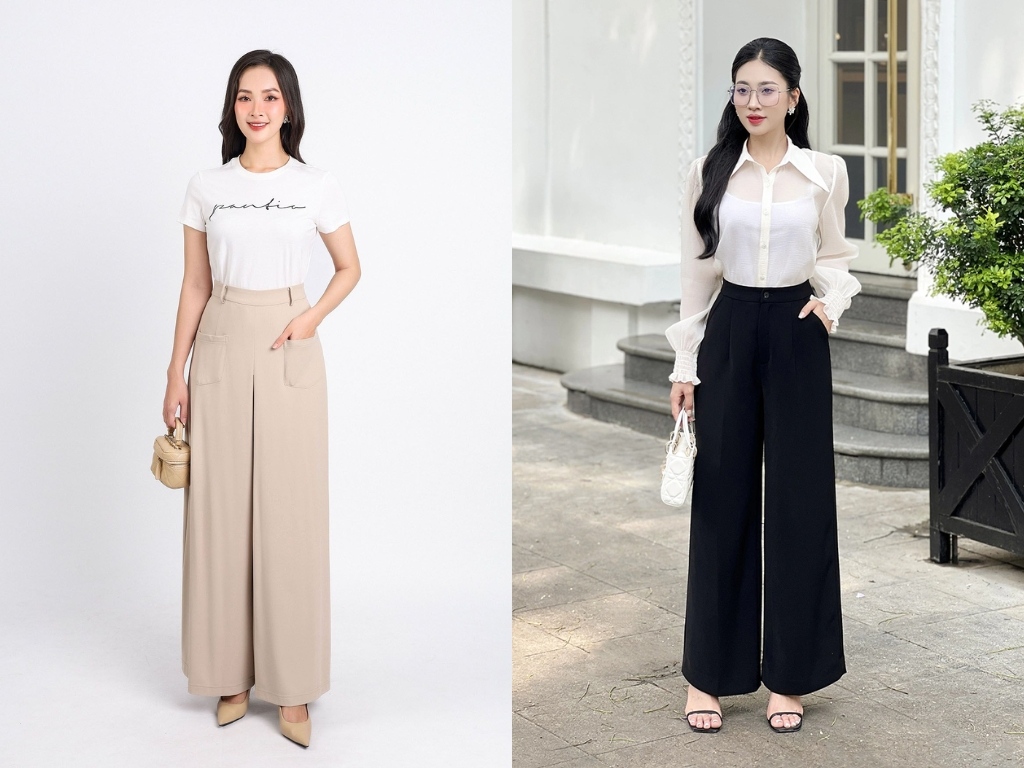 Quần công sở nữ ống rộng vừa giúp che khuyết điểm phần hông và đùi vừa tạo hiệu ứng kéo dài đôi chân