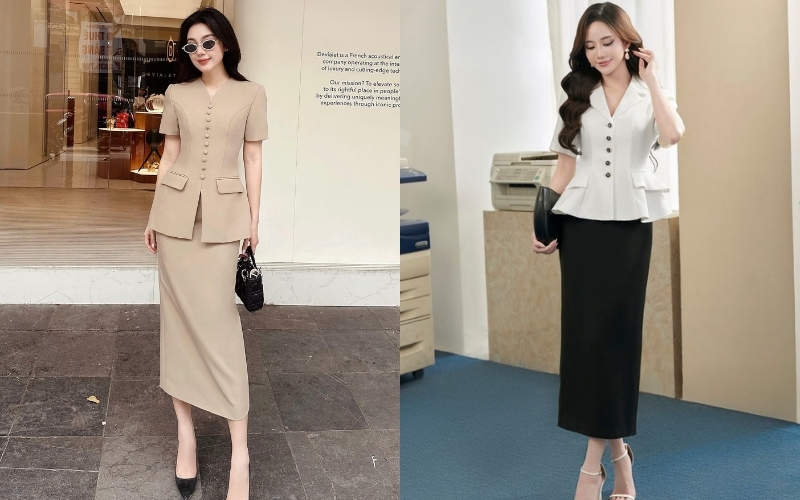 Áo peplum phối với chân váy bút chì tạo ra một tổng thể cực kỳ quyến rũ và chuyên nghiệp