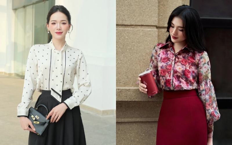 Áo sơ mi lụa nữ công sở in họa tiết giúp người mặc thêm nổi bật