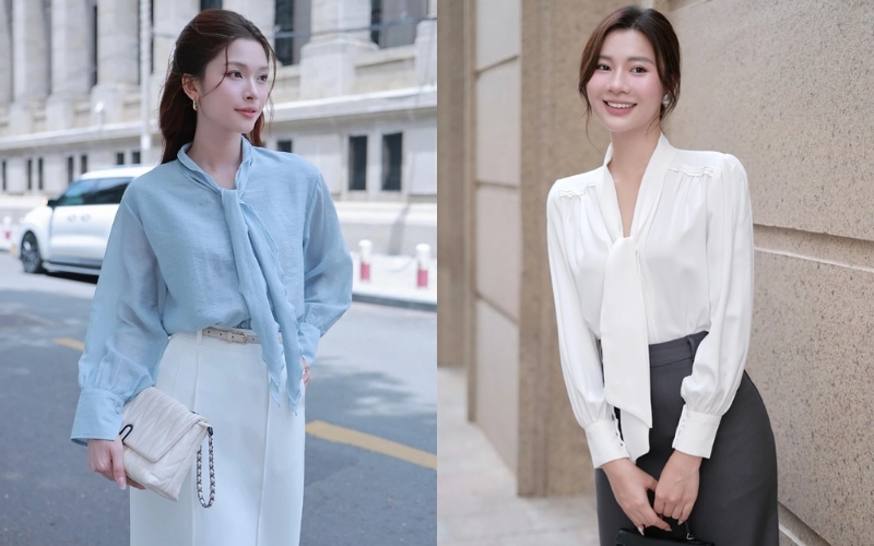 Áo cổ để dây buông hờ giúp tạo điểm nhấn cực kỳ duyên dáng