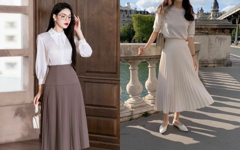 Chân váy nên kết hợp với các áo có chất liệu gọn gàng