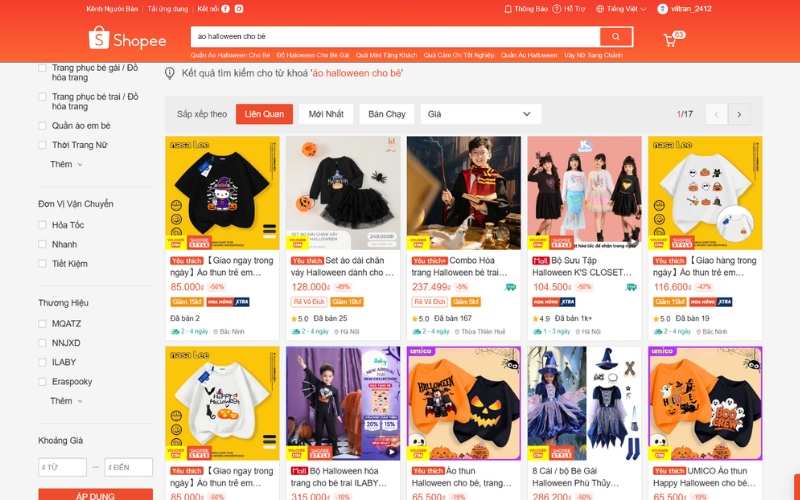 Bạn sẽ tìm thấy vô số lựa chọn áo halloween cho bé trên sàn thương mại điện tử shopee