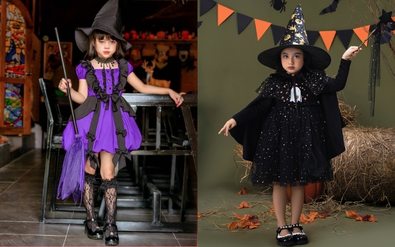 Bộ trang phục halloween bé gái hóa trang thành phù thủy nhí 