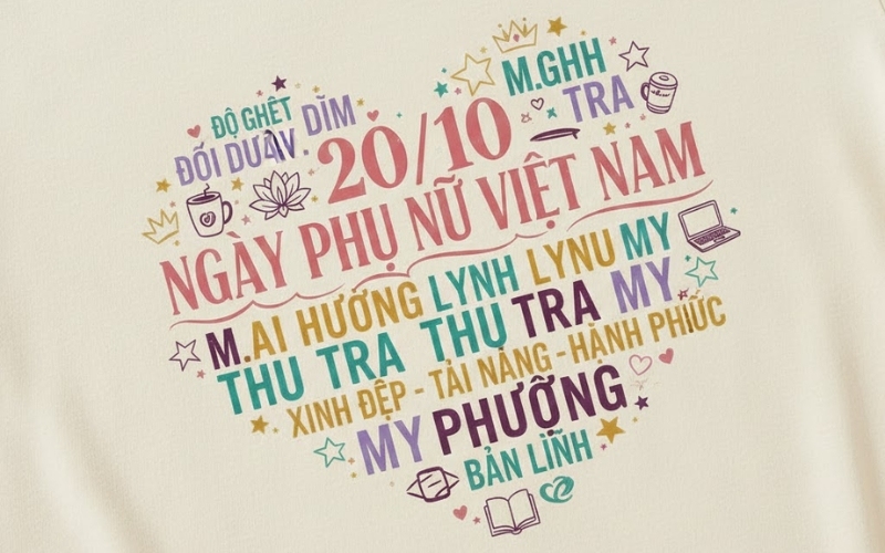 Tất cả tên thành viên nữ được sắp xếp theo hình trái tim tạo nên một hình ảnh 20 10 độc đáo