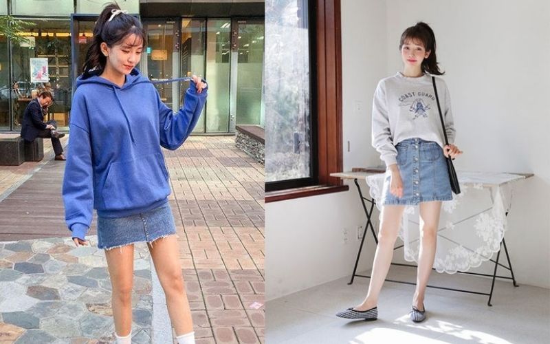 Bạn hãy thử phối áo hoodie nữ với chân váy jean