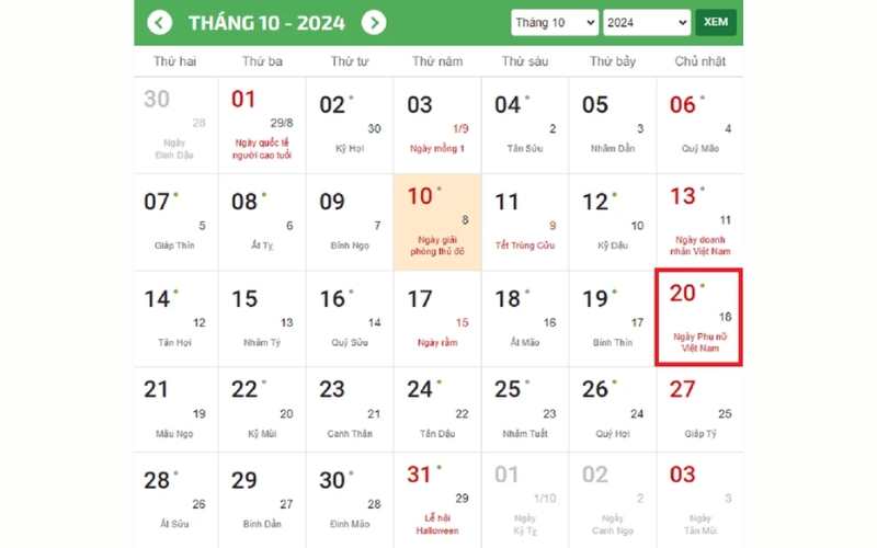 Ngày 20 tháng 10 năm 2024 rơi vào Chủ nhật