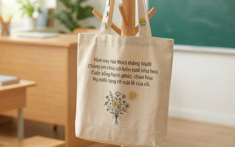 Túi canvas in lời thơ 20 10 viết tặng cô giáo sẽ là một món quà độc đáo và đầy ý nghĩa
