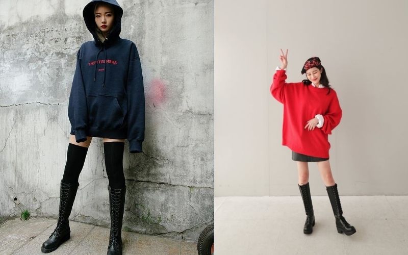 Công thức phối áo hoodie dáng dài cùng quần skinny jean và bốt cao cổ