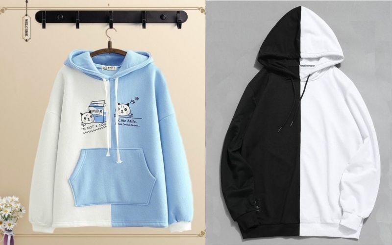 Thân áo được chia thành hai nửa dọc rõ rệt, mỗi bên mang một màu sắc đối lập