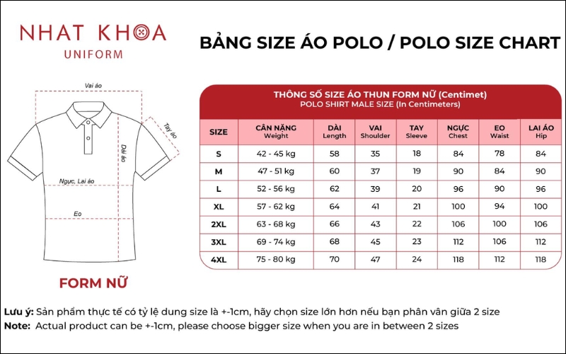 Bảng size áo polo nữ tại Nhất Khoa Uniform