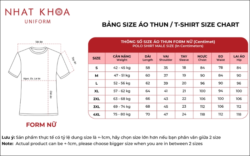 Bảng size áo thun cổ tròn nữ tại Nhất Khoa Uniform