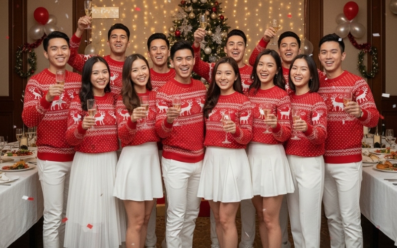 Áo len đỏ Giáng sinh đồng bộ cho cả nhóm tạo hiệu ứng đẹp mắt