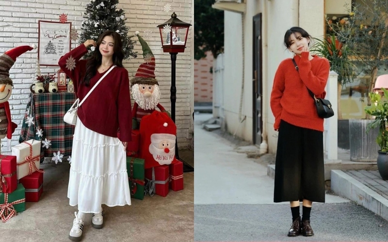 Bạn nên phối áo len đỏ Giáng sinh với quần/váy có gam màu trung tính