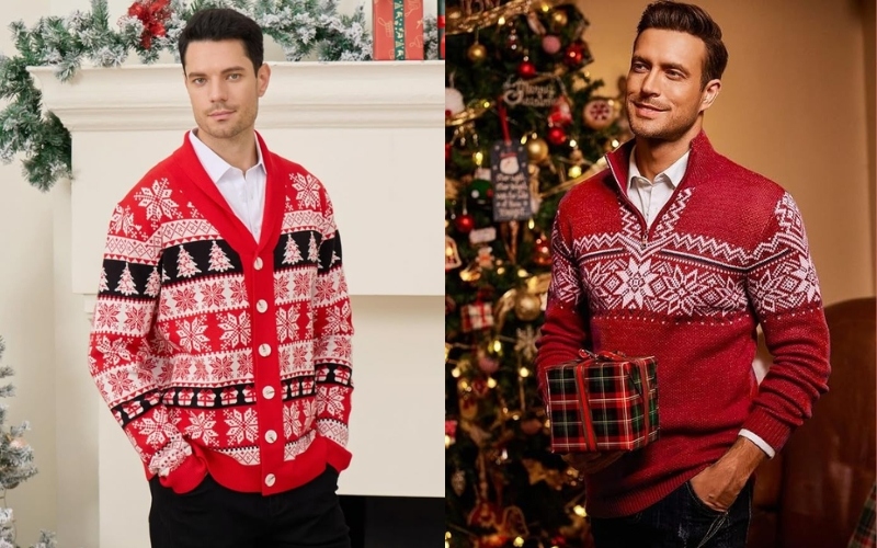 Áo sơ mi phối với áo noel nam len bên ngoài mang lại vẻ ngoài tri thức và thanh lịch