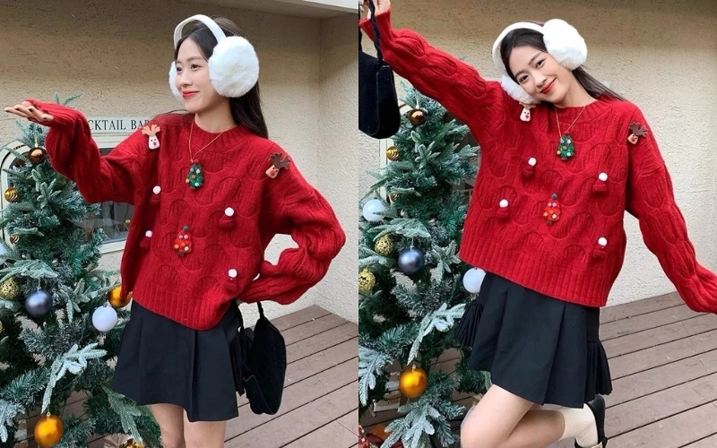 Công thức phối đồ với áo len đỏ noel siêu xinh cho nữ