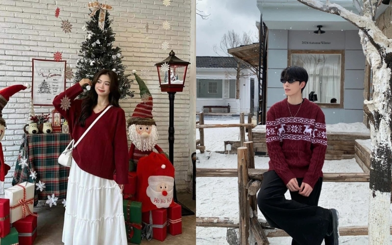 Quần/váy màu trung tính là lựa chọn an toàn khi kết hợp với áo len đỏ noel