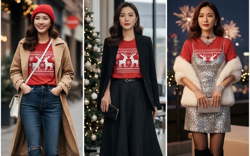 Việc phối đồ với áo thun đỏ noel hài hòa giúp tạo nên tổng thể đầy ấn tượng