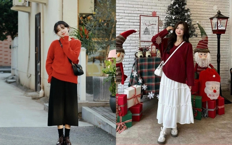 Chân váy dài phối với áo thun noel mang lại vẻ ngoài thanh lịch cho chị em