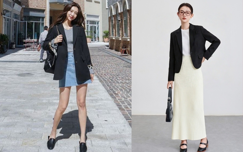 Vest đen nữ công sở phối với chân váy mang lại vẻ ngoài thanh lịch