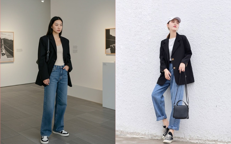 Cách phối đồ với vest đen nữ công sở phong cách năng động