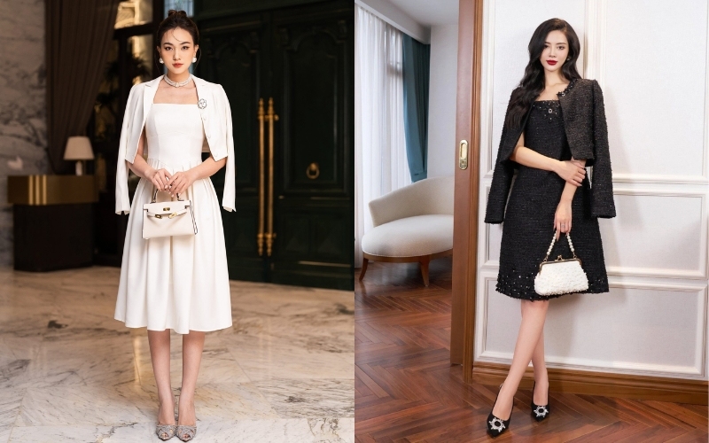 Bộ áo khoác không cổ và đầm liền mang lại vẻ ngoài sang trọng cho người mặc