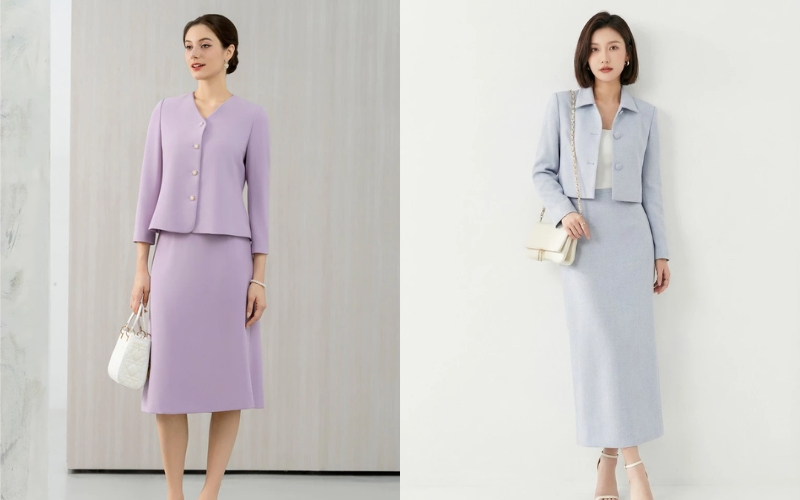 Comple công sở nữ màu pastel mang lại vẻ ngoài ngọt ngào cho người mặc