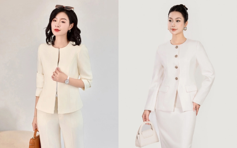 Comple công sở nữ kiểu không cổ mang lại vẻ ngoài hiện đại cho chị em