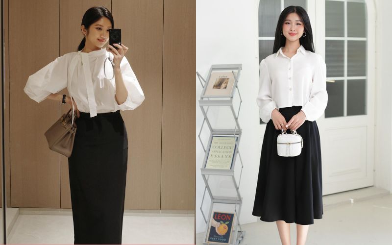 Áo blouse kết hợp với chân váy giúp mang lại vẻ thanh lịch cho người mặc