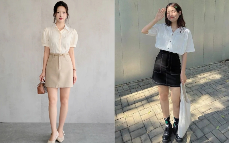 Áo sơ mi tay ngắn phối với váy chữ A là bộ đồ công sở thích hợp cho mùa hè
