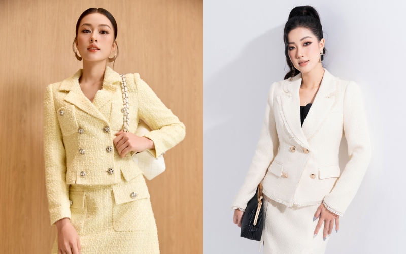Vải tweed tạo nên bộ vest nữ công sở cao cấp nhờ chất liệu đứng phom