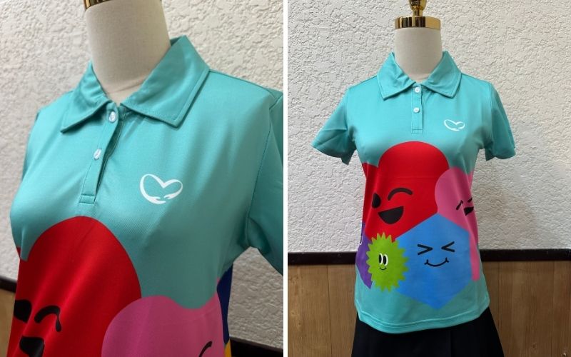 The shirt makes a striking impression with its signature brand-identity color tones.